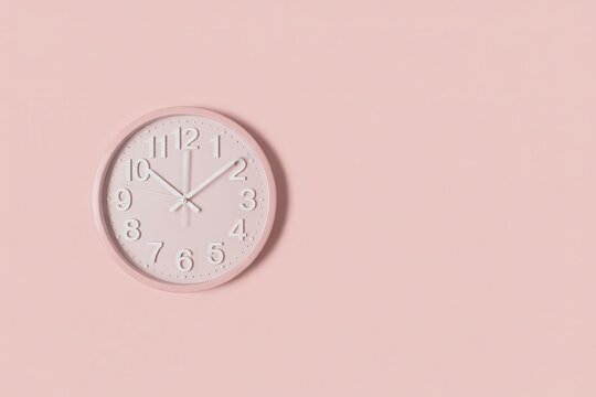 Round clock on pink wall, time concept with copy space for text