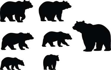 Bear silhouette set, black vector illustration, wild animal poses, walking and standing bears, wildlife shape collection, nature design element