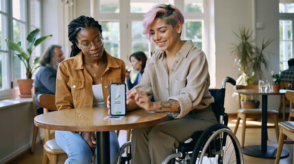 Young female friends showing mobile phone with green checkmark and successful payment text after making contactless payment by scanning QR code in coffee shop