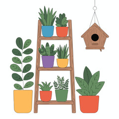 Indoor plant shelf illustration with potted plants, ladder stand and hanging wooden birdhouse