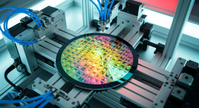 Close up view of a semiconductor wafer inspection setup featuring robotic arms, blue hoses, and a multi colored chip surface, reflective light in clean room environment.