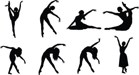 Dance silhouette set, ballet and contemporary poses, black vector dancers, expressive movement, graceful posture, artistic form, flexibility illustration