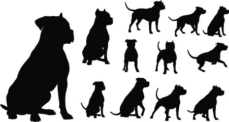 Dog silhouette set, black vector illustration, sitting and walking poses, muscular breed shapes, pet animal design, canine posture collection