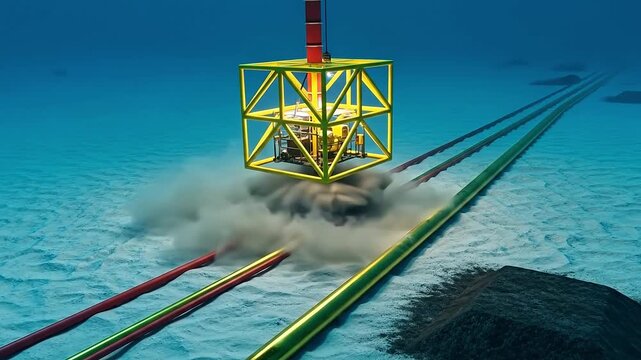 Vivid underwater scene of advanced subsea oil and gas infrastructure, illustrating complex pipelines and a processing manifold on the ocean floor, showcasing deep-sea energy exploration technology
