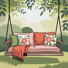 Cozy wooden porch swing illustration with pillows, blanket and leafy garden background