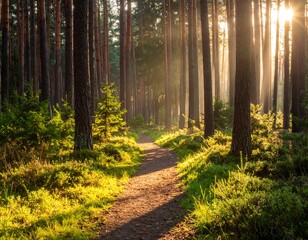 Obraz premium A sunlit path winds through a dense evergreen forest. Beams of sunlight pierce the trees, illuminating the ground and creating a mystical ambiance