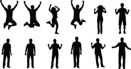 Jumping and standing silhouette set, black vector illustration, expressive human poses, emotional posture contrast, celebration and neutral stance design