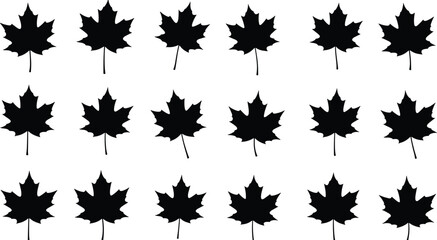 Maple leaf silhouette grid, black vector illustration, symmetrical foliage pattern, seasonal design element, nature shape repetition, botanical layout concept