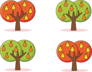 Pear tree illustration set, stylized fruit trees, yellow and orange pears, seasonal foliage, counting concept, educational vector, nature design