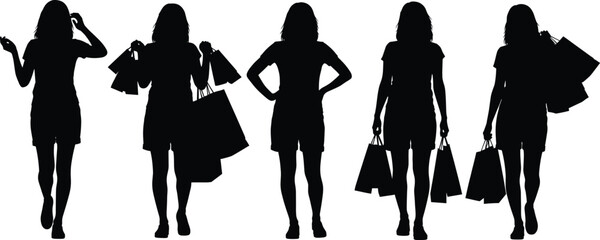 Shopping silhouette set, black vector illustration, walking poses collection, consumer behavior concept, retail activity design, lifestyle expression layout