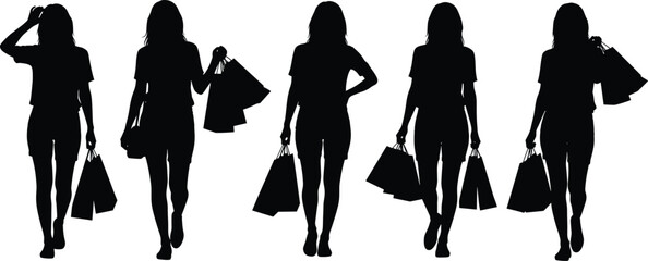 Shopping silhouette set, black vector illustration, walking poses collection, retail activity concept, consumer behavior design, casual style layout