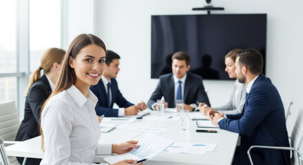 A smiling businesswoman in a white shirt sits at a conference table with colleagues in a bright, modern conference room, reviewing documents during a meeting.