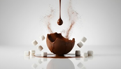 A creative Christmas food advertising concept of an exploding hot chocolate bomb with a liquid cocoa splash and sugar cubes