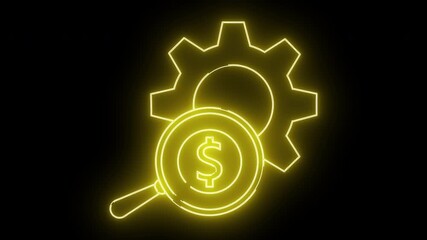 Neon yellow gear with a dollar sign under a magnifying glass on a black background