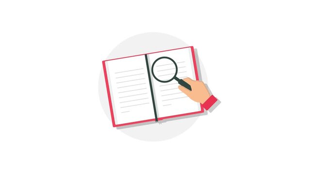 4k Hand Holding Magnifying Glass With Book. Research and Learning Concept Animation Video 