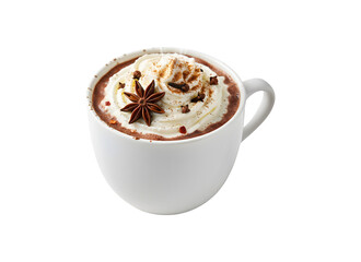 a closeup of a cup filled with hot spiced chocolate against a white background,
