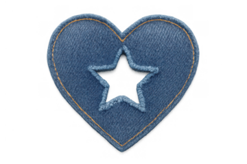 Denim heart shaped patch with star cutout and orange stitching, a symbol of love, individuality, and style on transparent background