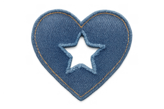 Denim heart shaped patch with star cutout and orange stitching, a symbol of love, individuality, and style on transparent background - Powered by Adobe