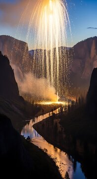 The spectacular Yosemite Firefall glowing orange at sunset.