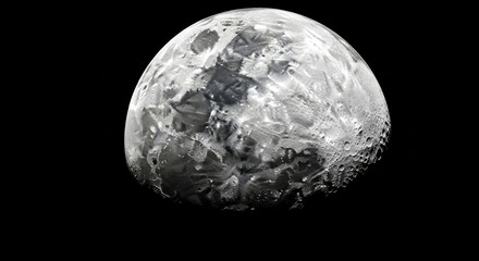 Detailed silver and gray moon orb with textured surface, craters, and shadows against a black background. Represents space exploration and lunar science.