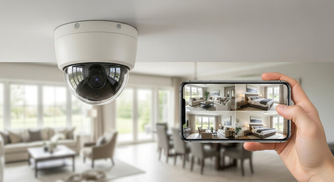 Dome surveillance camera mounted on the ceiling, displaying multiple angles on a phone held in hand, with a well lit living room interior visible in the background.