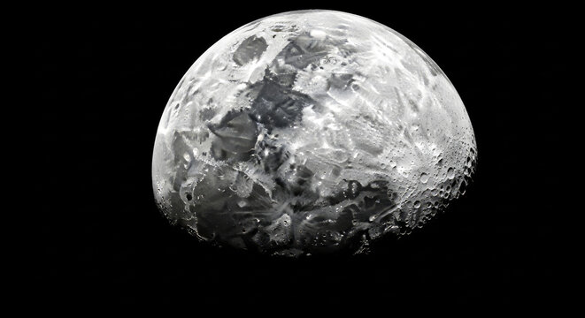 Detailed silver and gray moon orb with textured surface, craters, and shadows against a black background. Represents space exploration and lunar science.