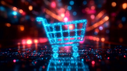Glowing digital shopping cart in a vibrant background - Powered by Adobe