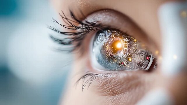 Cybernetic Gaze: A close-up view of an eye featuring intricate cybernetic elements, offering a glimpse into a futuristic vision of technology intertwined with humanity.