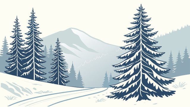 Winter landscape with snow covered ground and evergreen trees against a mountain backdrop scene