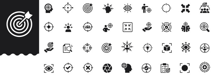 Focus solid icon set cover target, crosshairs, goals, eye, magnifier, priority, strategy, precision, accuracy, objective, search, zoom, vision, aim, concentration. Professional vector illustration set © My stock Assets