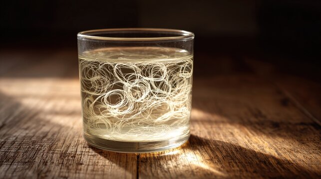 psyllium. A glass of water with psyllium husk fibers creating organic swirls, lit from the side on a wooden table. bar promotions, beverage menus, designed for product packaging and bar promotions.