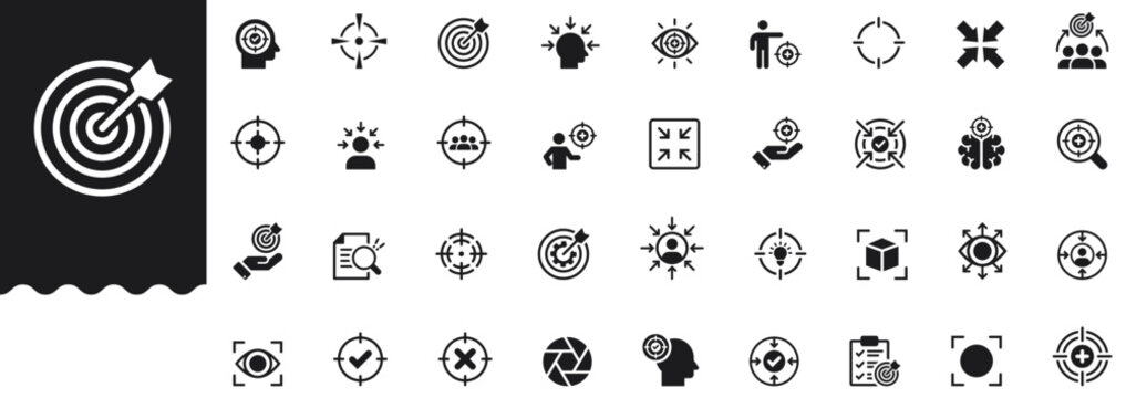 Focus solid icon set cover target, crosshairs, goals, eye, magnifier, priority, strategy, precision, accuracy, objective, search, zoom, vision, aim, concentration. Professional vector illustration set