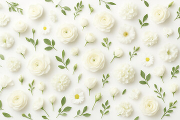 Creative white flowers layout , floral pattern or background for greeting card of Mothers day,birthday, Valentine`s Day, wedding or happy event