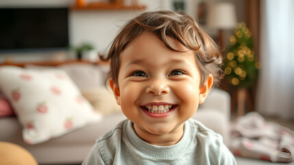 Happy child with bright smile in cozy home environment capturing innocence and joyful childhood moments