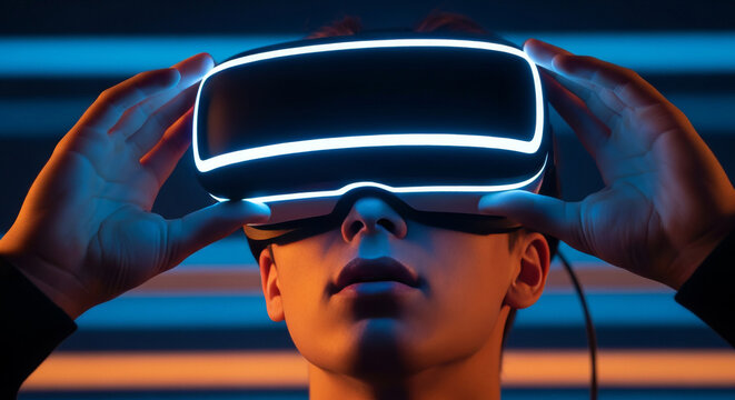 A young man wearing a VR headset surrounded by neon lights in blue and orange hues, fully immersed in a digital world. The image evokes feelings of technological innovation.