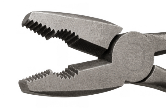 Metal pliers showing serrated jaws, a heavy duty hand tool for gripping, holding, and bending materials on transparent background
