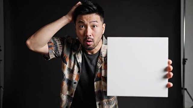 A surprised man with a puzzled expression holding a blank white sign in front of a dark studio background