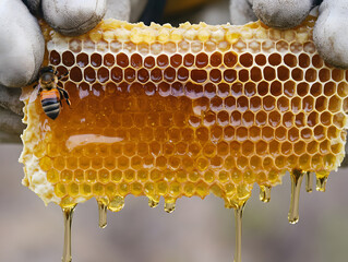 Fresh golden honey dripping from a honeycomb, showcasing the intricate patterns of the comb and the natural, unprocessed beauty of organic honey production from a hive.