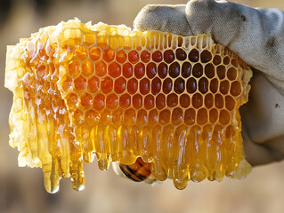 A detailed view of golden honey dripping from a honeycomb, highlighting the intricate textures and natural beauty of fresh, raw honey harvested directly from a beehive.