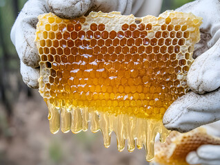 A beekeeper harvesting golden honeycomb filled with rich, natural honey, demonstrating sustainable beekeeping practices and the purity of organic honey production.
