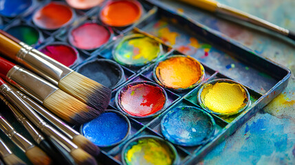 watercolor paints and brushes
