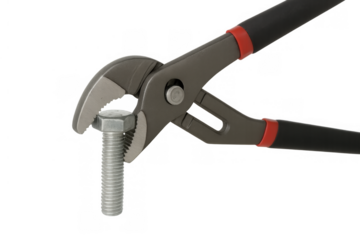 Pliers gripping a metal bolt, providing grip and torque for assembly, maintenance, or repair. Transparent background