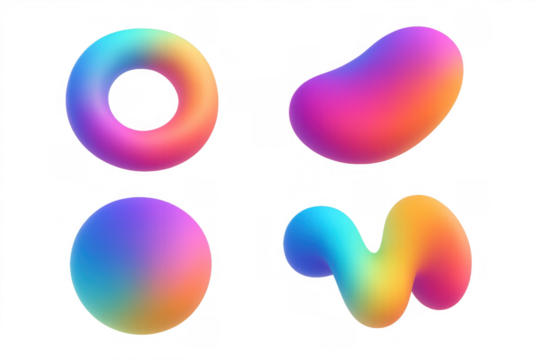 Abstract 3d shapes with smooth gradients and bright rainbow colors showcasing a dynamic fluid design on an isolated transparent background