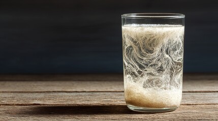 psyllium. A glass of water with psyllium husk fibers creating organic swirls, lit from the side on a wooden table. bar promotions, beverage menus, designed for product packaging and bar promotions.