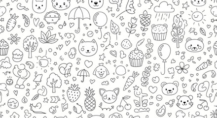 Whimsical Line Art Pattern Cute Animals, Food, and Nature Elements