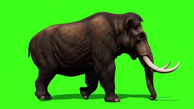 Dynamic digital rendering of a powerful woolly mammoth striding with impressive tusks against a green screen, suitable for historical content and prehistoric themed animations
