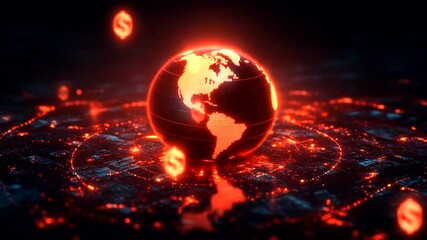Glowing globe with digital currency symbols in background - Powered by Adobe