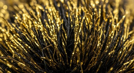 Fototapeta premium Extreme Macro Texture of Frayed Gold and Black Metallic Ribbon Tassel Threads.