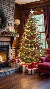 Christmas home decor with tree, present, socks near fireplace. Merry xmas and happy new year 2026 greeting card