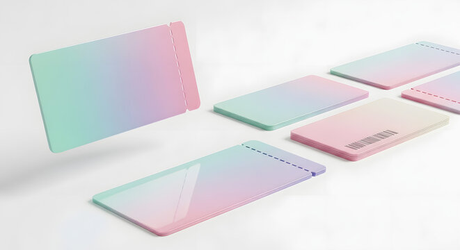 Set of blank holographic gradient tickets or passes with perforation mockups, floating and scattered on a white background.